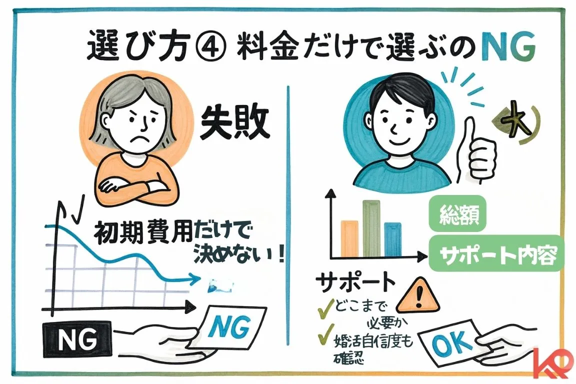 料金だけで選ぶのはNG!見るべきは「総額」と「サポート内容」を図解