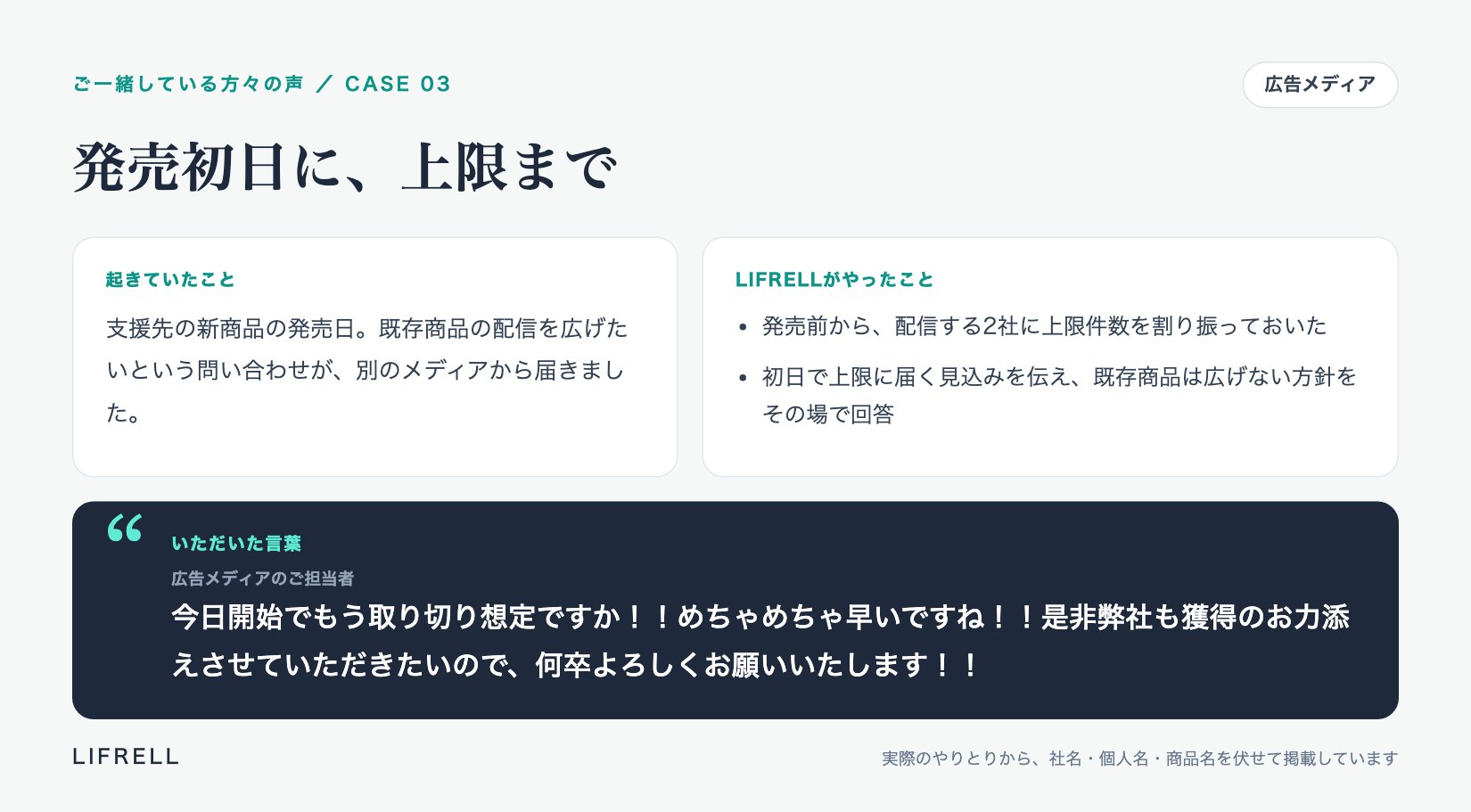 お客様の声 CASE03 発売初日に、上限まで:「今日開始でもう取り切り想定ですか!!めちゃめちゃ早いですね!!」