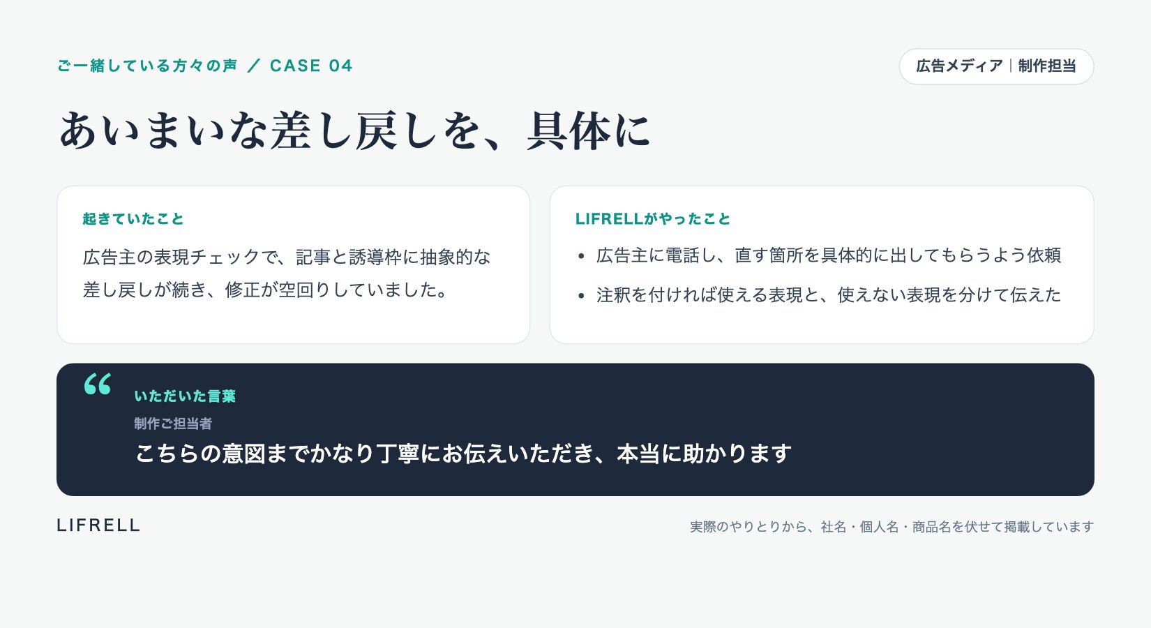 お客様の声 CASE04 あいまいな差し戻しを、具体に：「こちらの意図までかなり丁寧にお伝えいただき、本当に助かります」